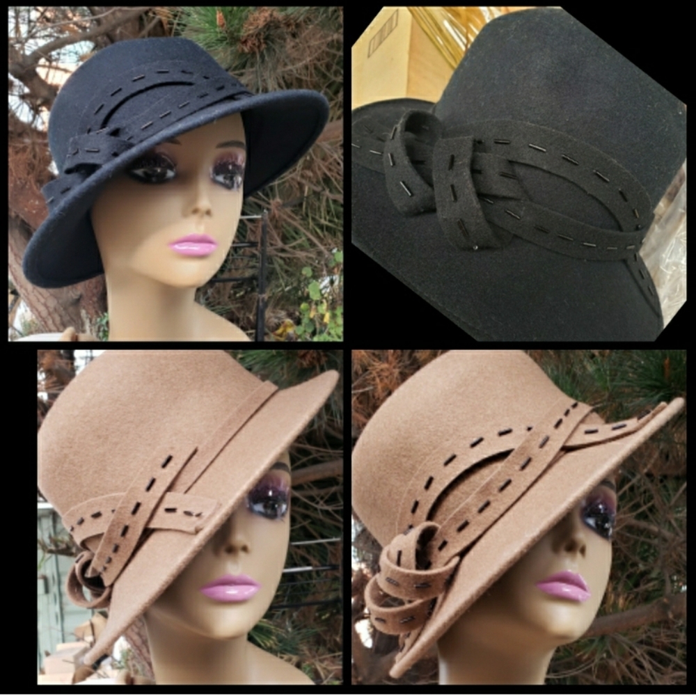 2Josette Brown&Black Fedora Hat Set Beaded Embelished Woolen Felt Style